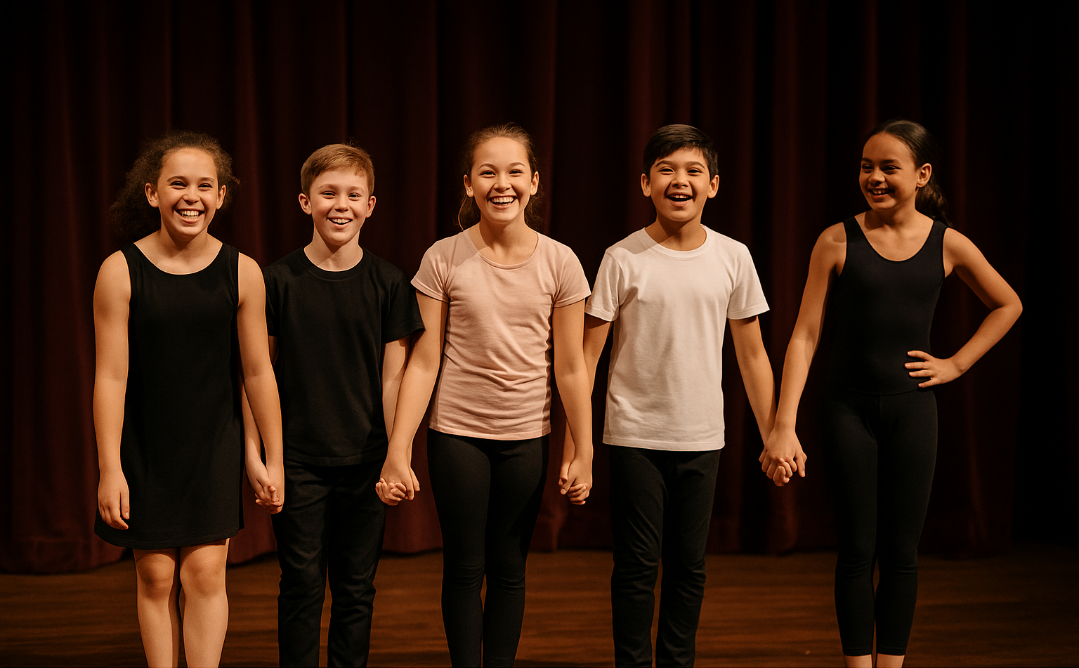 Young performers taking a bow on stage at a London community theatre