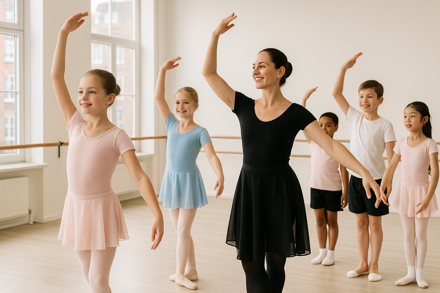 Children aged 6–16 dancing in a bright London studio