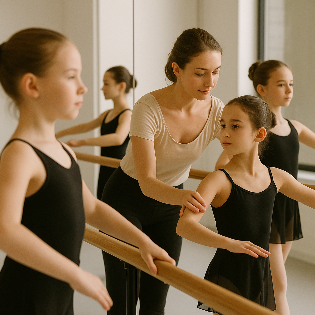 Dance teacher helping students at the barre in London